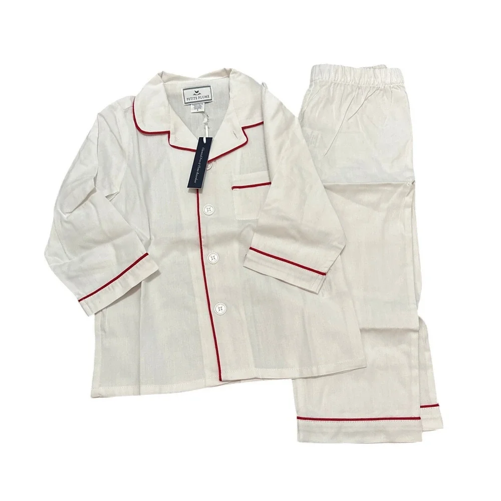Petite Plume Kid's Twill Pajamas in White with Red Piping Size 3 new